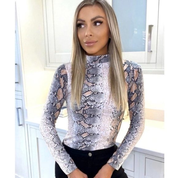 Snake Print Animal Print Long Sleeve High Neck Bodycon Bodysuit Top Leotard - Picture 2 of 5